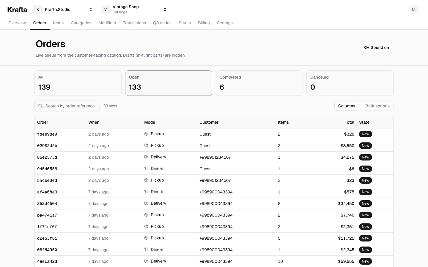 Krafta orders dashboard — the live queue